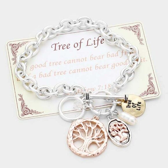 "Tree of Life" Pearl Charm Tri-Tone Toggle Link Bracelet - Picture 1 of 6